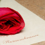 A funeral bulletin with a single red rose
