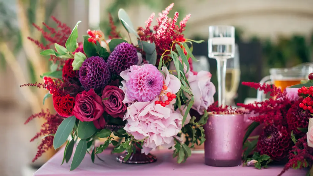 Bouquet of asters, roses, and dahlias