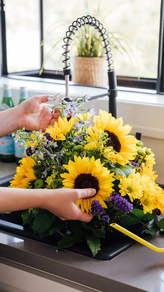 benefits of flowers with bouquet of sunflowers in kitchen