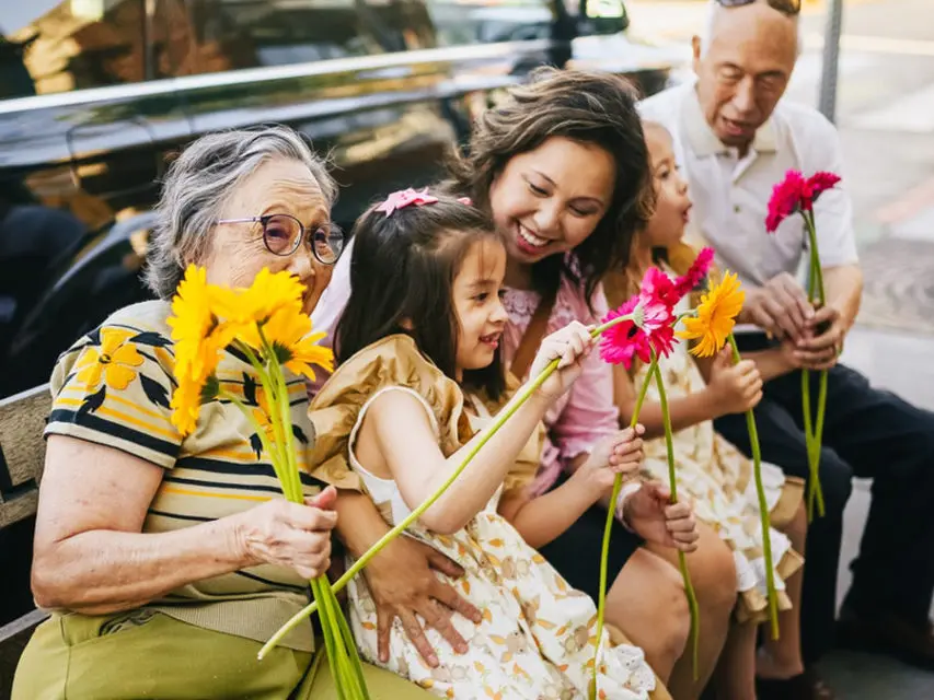 Family with flowers