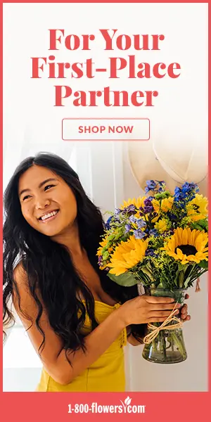 An ad from 1-800-Flowers.com featuring a sunflower bouquet with the words "For Your First-Place Partner."