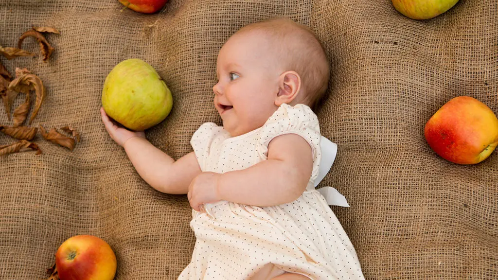 Photo of a baby holding an apple, a popular fruit to celebrate September birthdays.