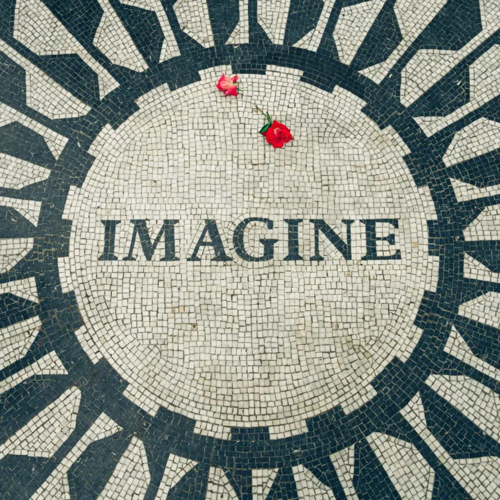 Photo of the Imagine memorial for John Lennon in New York City's Central Park, Strawberry Fields. Lennon was born in October.