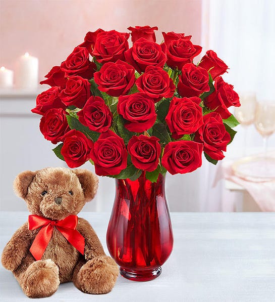Picture of Christmas red roses with teddy bear