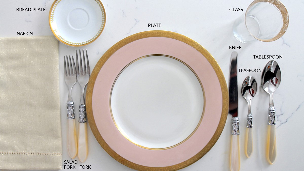 Formal table setting with photo guide on where to set the utensils, glasses, dishes, and linens.