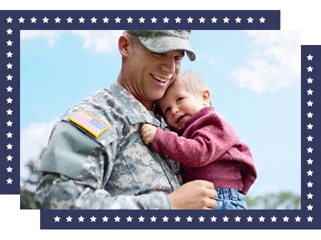 Photo of a service member and his child celebrating Veteran's Day.