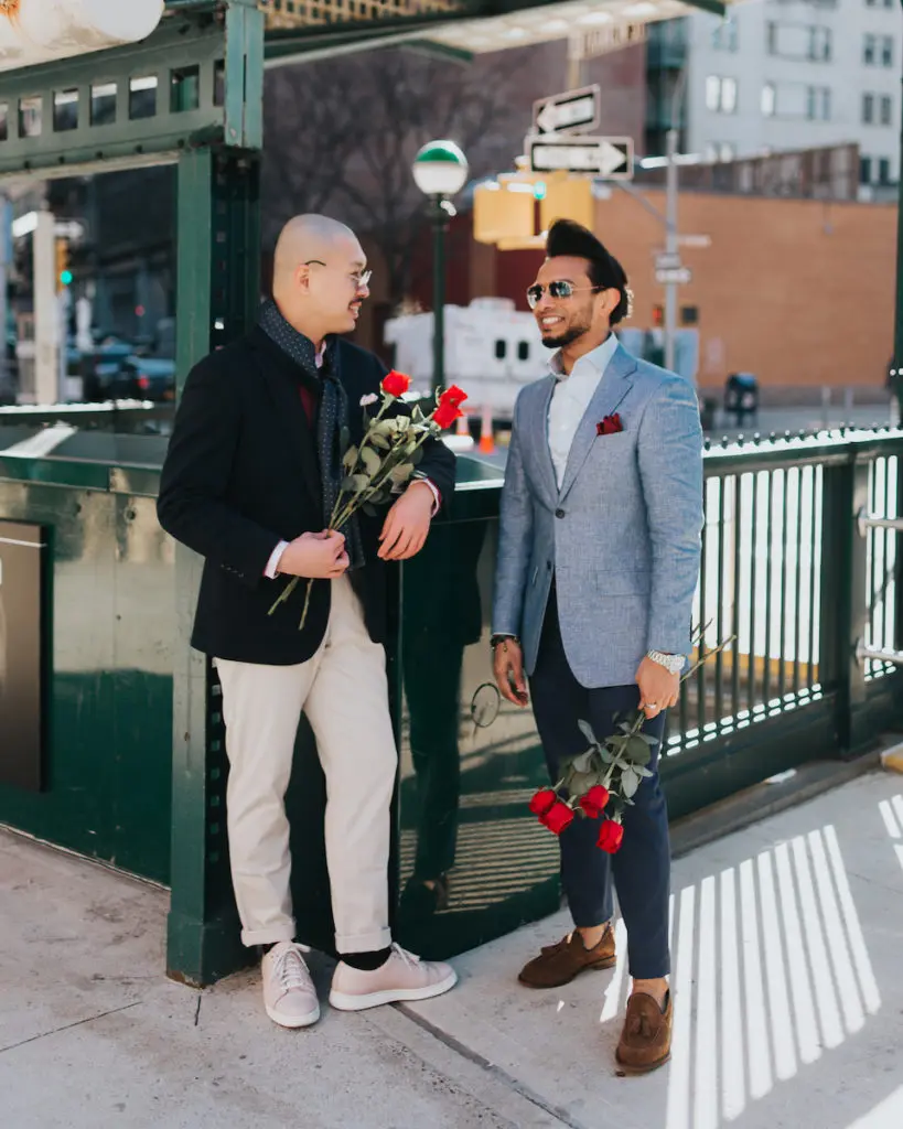 Photo of two men dressed for date night ideas for men from designer Charles Tyrwhitt