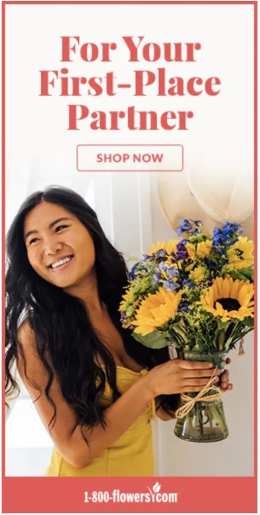 Olympics ad with sunflower bouquet and text "For Your First-Place Partner."