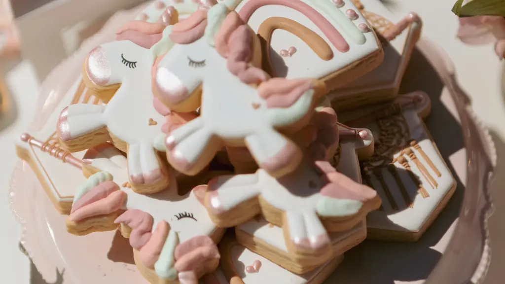 a photo of a unicorn birthday party: unicorn cookies