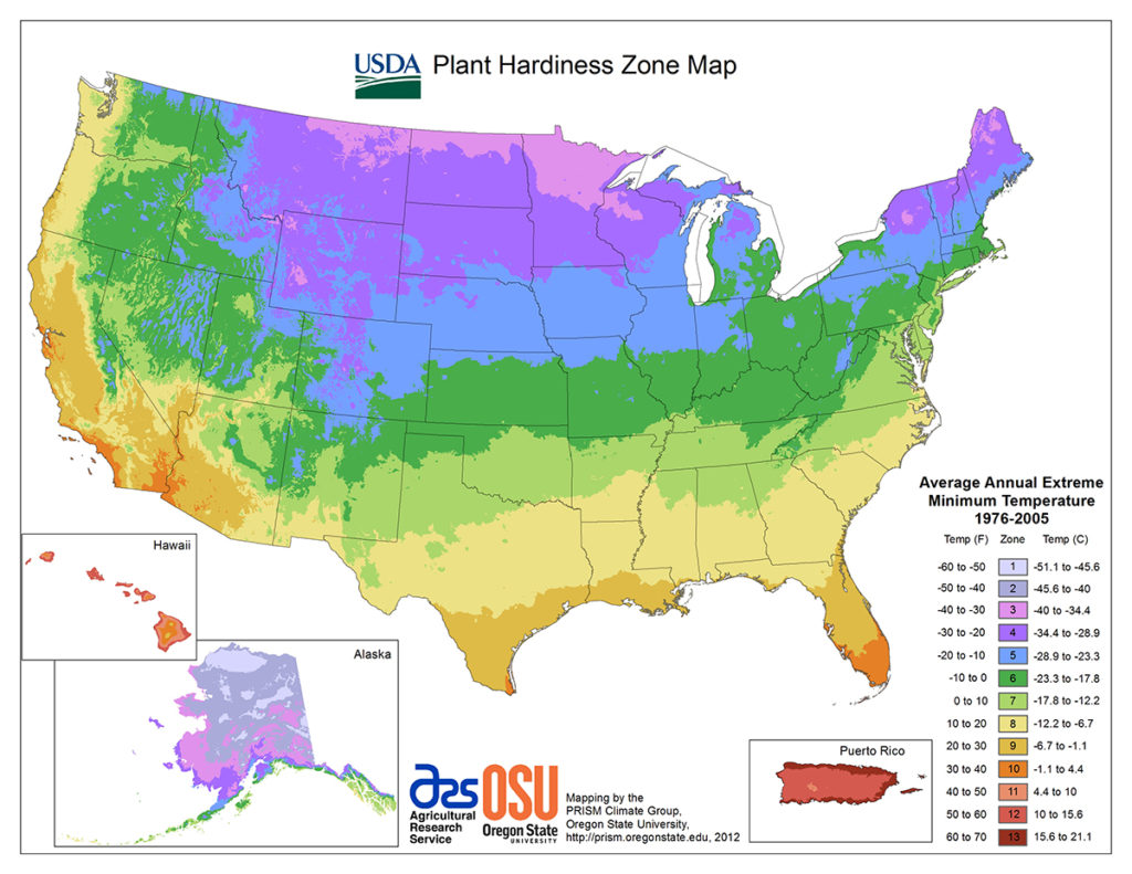 Guía de plantación con mapa de zonas de rusticidad de plantas del USDA