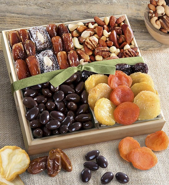 Purim crate with dried fruit chocolates and nuts