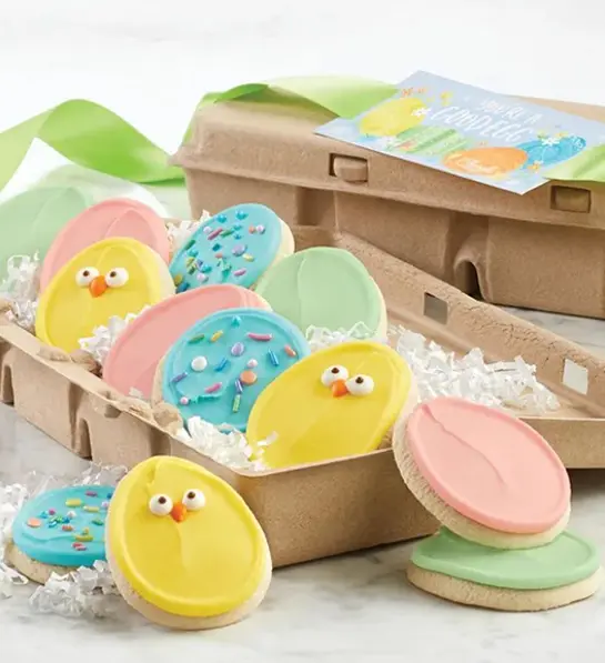 Photo of a unique Easter gift idea -- a collection of egg-shaped cookies.