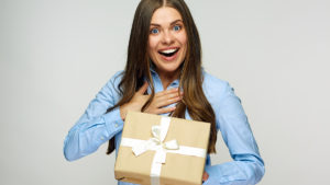 gift history with woman happy to receive gift