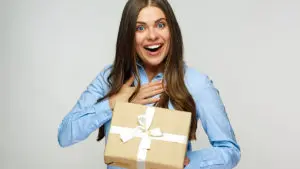 gift history with woman happy to receive gift