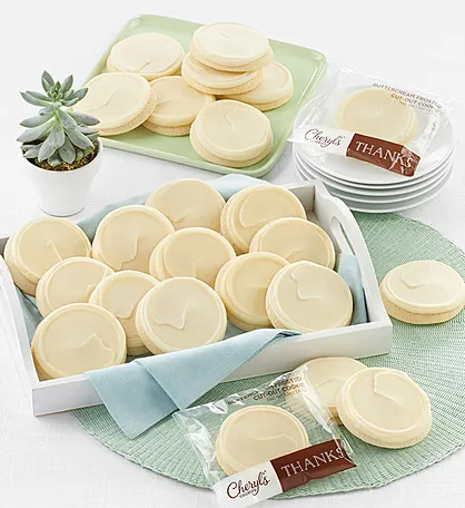 a photo of gift ideas: buttercream frosted thank you cookies