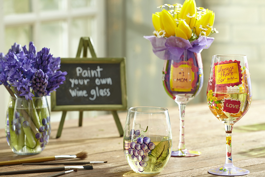 a photo of a mother's day wine tasting: paint your own wine glass
