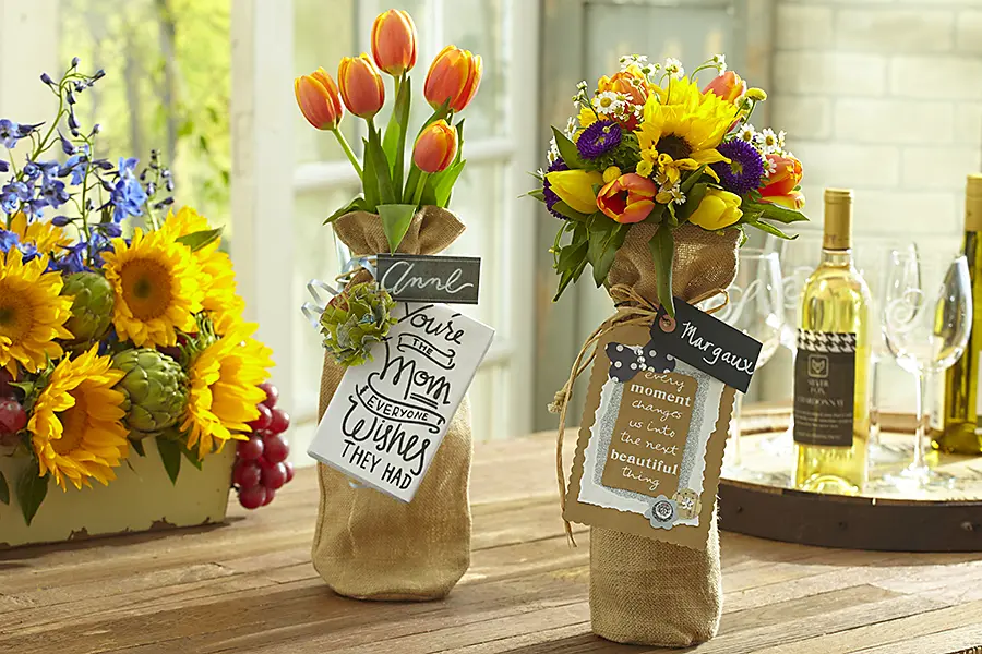 a photo of a floral wine tote