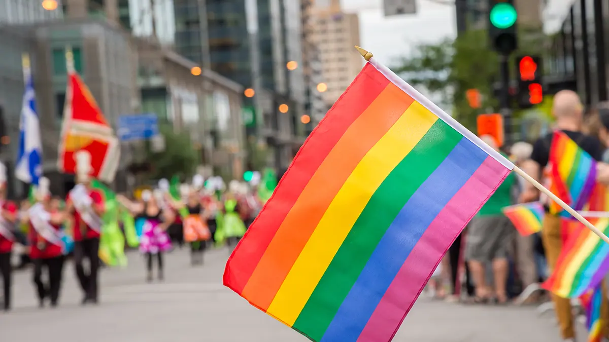 celebrate pride month with a pride flag at a pride parade