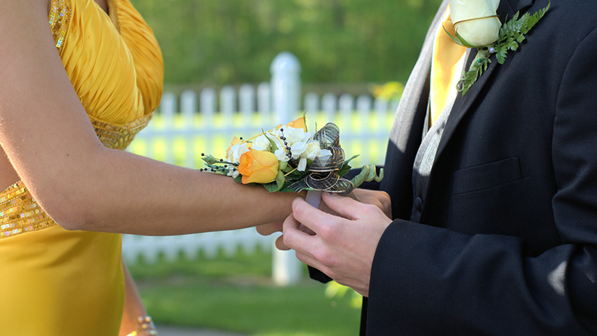 a photo of corsage and boutonniere with a man placing a wrist corsage on his prom date