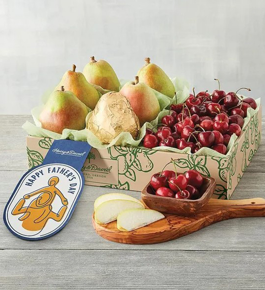 A photo of father's day gift ideas with a box of cherries and pears