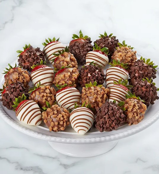A photo of father's day gift ideas with a plate of chocolate covered strawberries