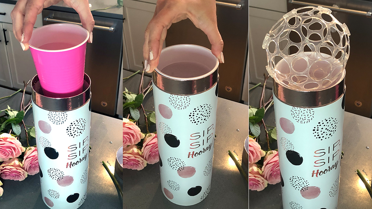 a photo of roses and rosé with the steps to make a wine carrier vase