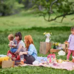 A photo of picnic with a group of people sitting outside on a blanket surrounded by food and gifts