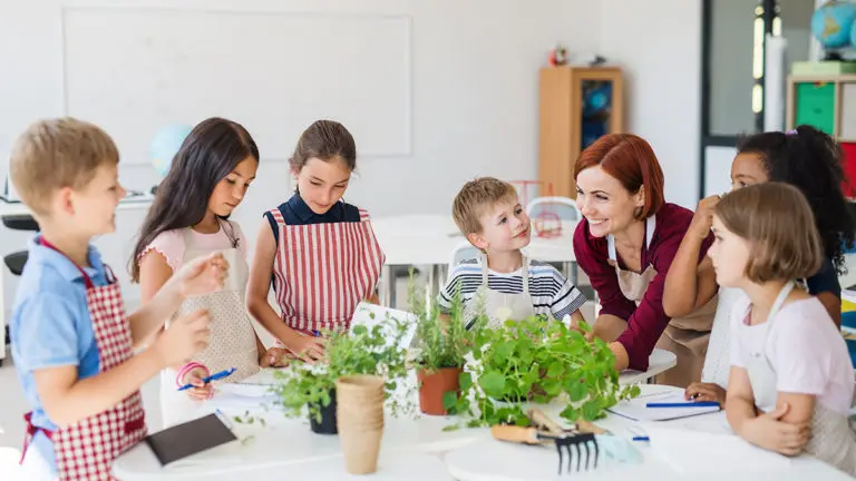 classroom plants with group of school kids with teacher planting herbs