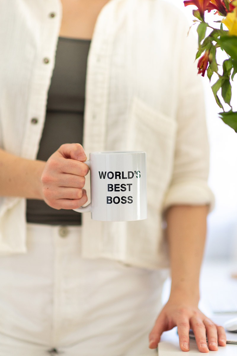 boss's day gift ideas with boss holding mug