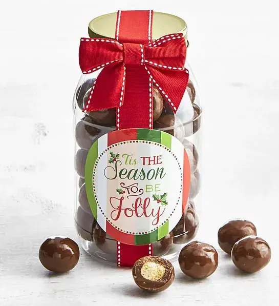white elephant gift ideas with Simply Chocolate Holiday Malted Milk Balls Jar