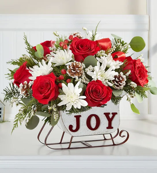 modernas flores y coronas navideñas con Dashing Through the Snow Sleigh