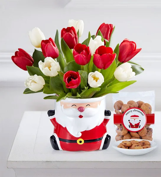 flores y coronas navideñas de moda con el ramo de tulipanes Merry Bright