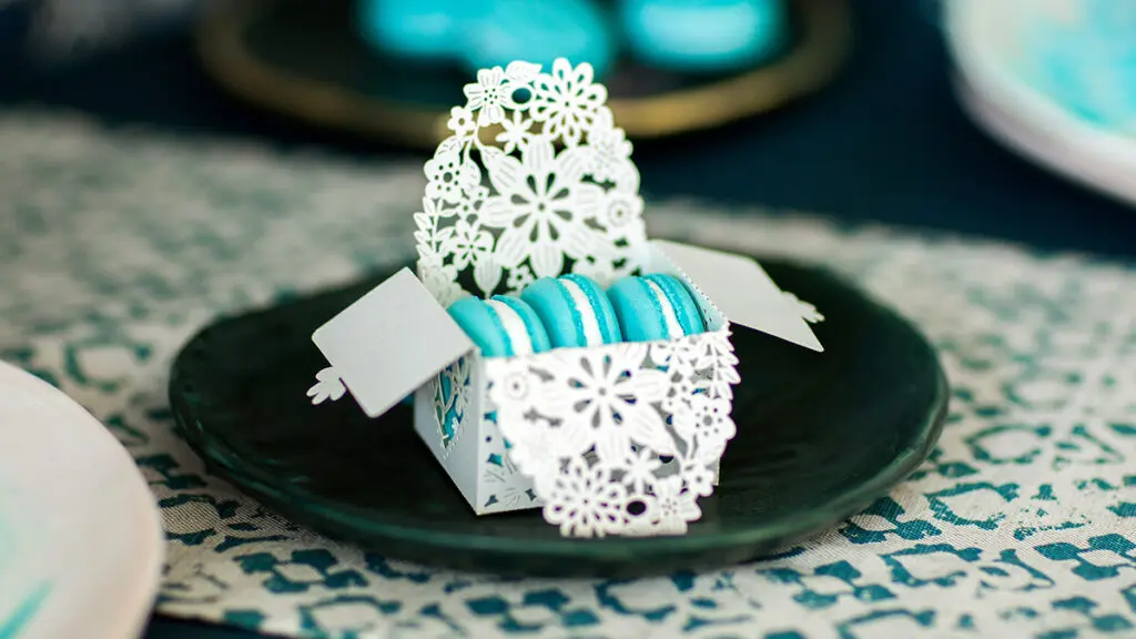 winter birthday ideas with blue macarons