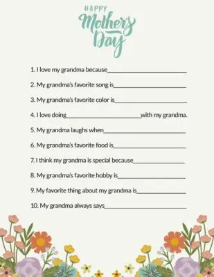 Flowers Mothers Day Pintable Questionnaire Grandma