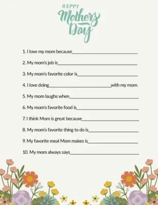 Flowers Mothers Day Printable Questionnaire Mom