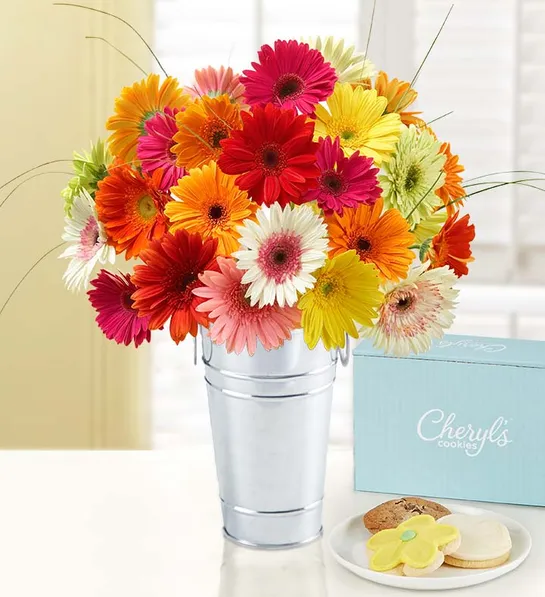 Valentines Day flowers for everyone with gerbera daisies and cheryls cookies