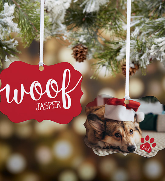 gifts for dog lovers with Woof Meow Personalized Pet Photo Sided Ornament