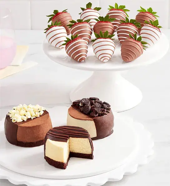 Gift Ideas for International Women's Day with Cheesecake Trio with Gourmet Drizzled Strawberries