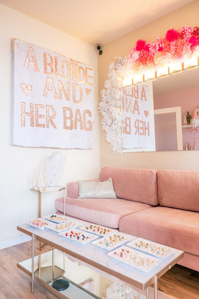 A blonde and her bag with a blonde and her bag showroom