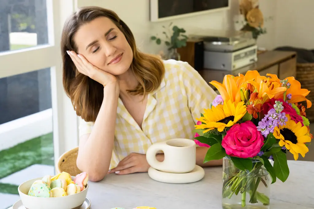 spring self care ideas with woman relaxing at table