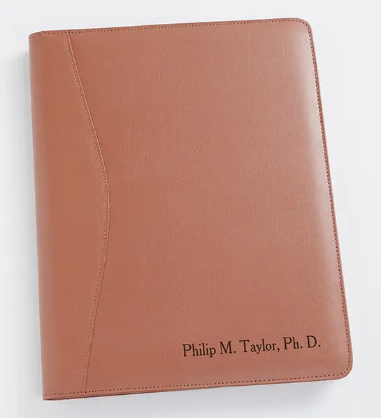 may birthdays with tan leather portfolio