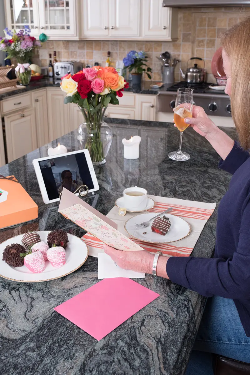 mothers day activities with toasting champagne on video call