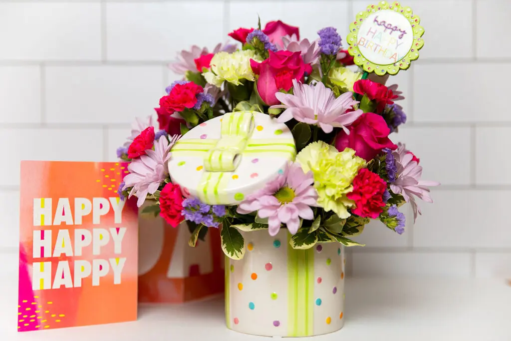 happy birthday wishes with flowers and a card