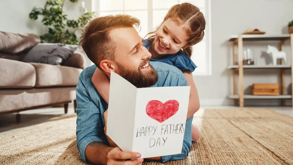 father's day messages with Little girl congratulating dad with Fathers day