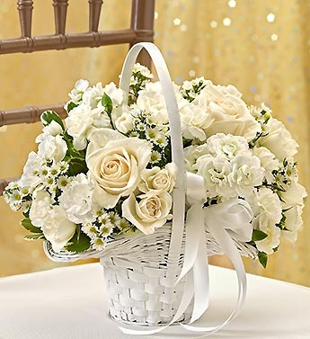 White wedding flower girl basket
