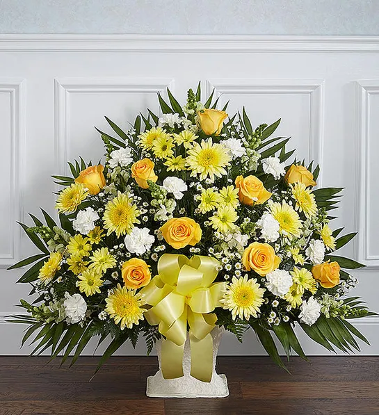 sympathy gift etiquette with Heartfelt Tribute™ Yellow Floor Basket Arrangement