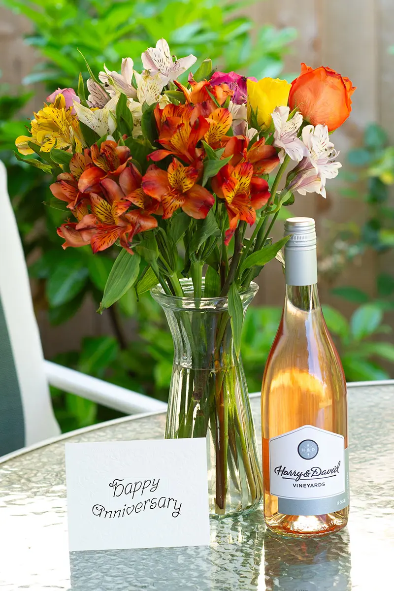 anniversary wishes wine and flowers