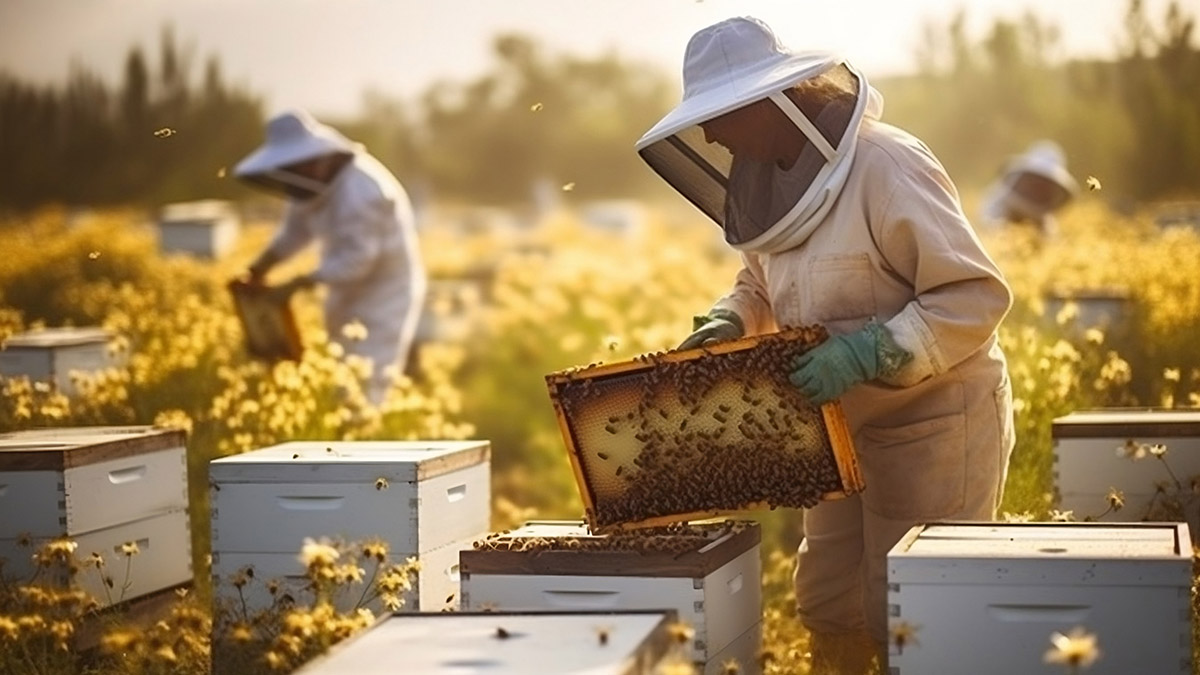 A picturesque scene of a beekeeper tending to beehives in a vib