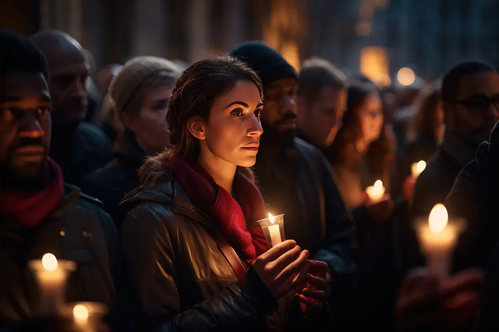 Individuals participating in a candlelight vigil to honor those