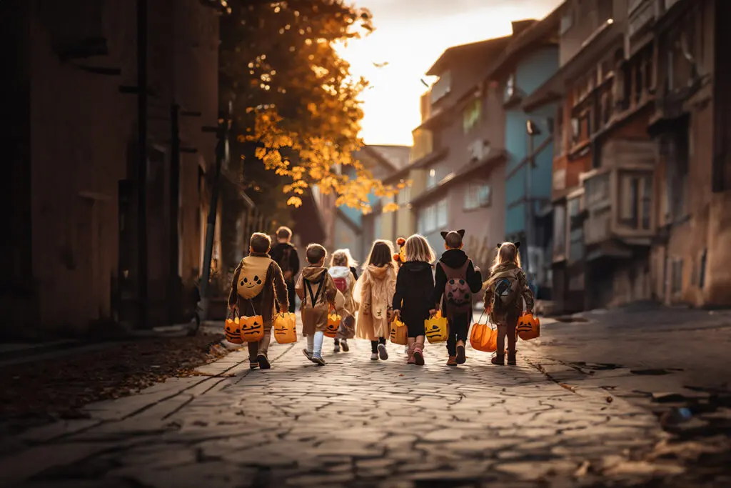 A back view of group of children wearing different halloween cos